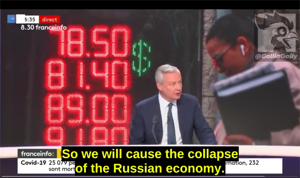 Bruno le Maire on TV, wanting to crash the Russian economy