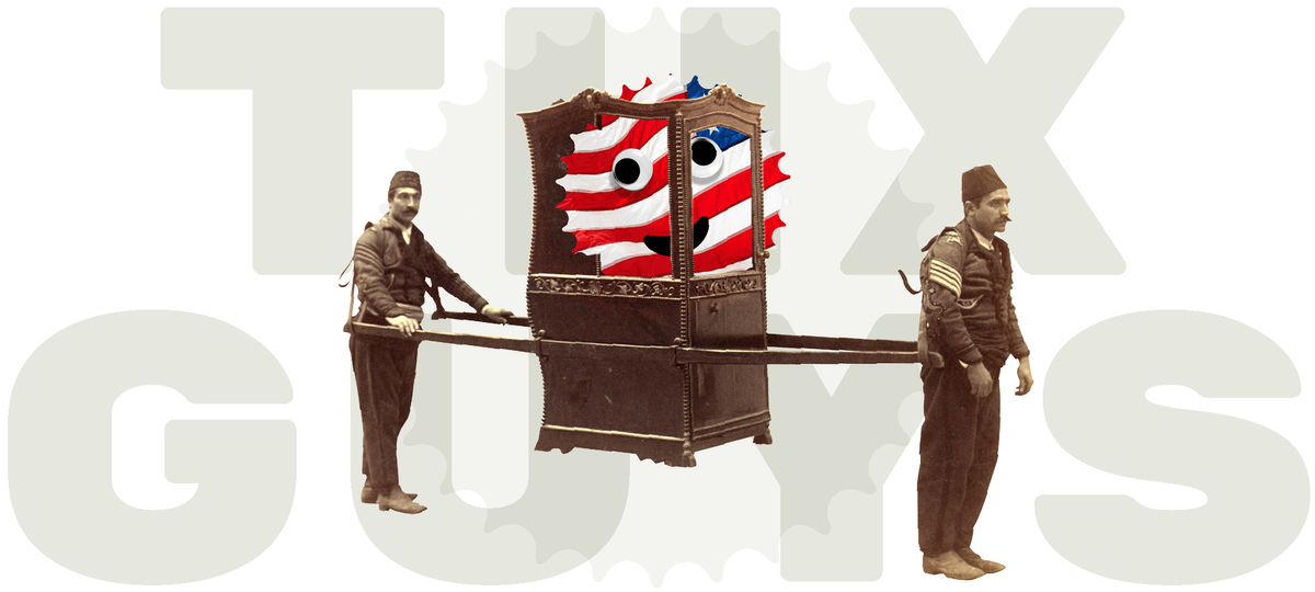 Illustration: a googly-eyed symbol of American consumption is carried in a sedan chair 